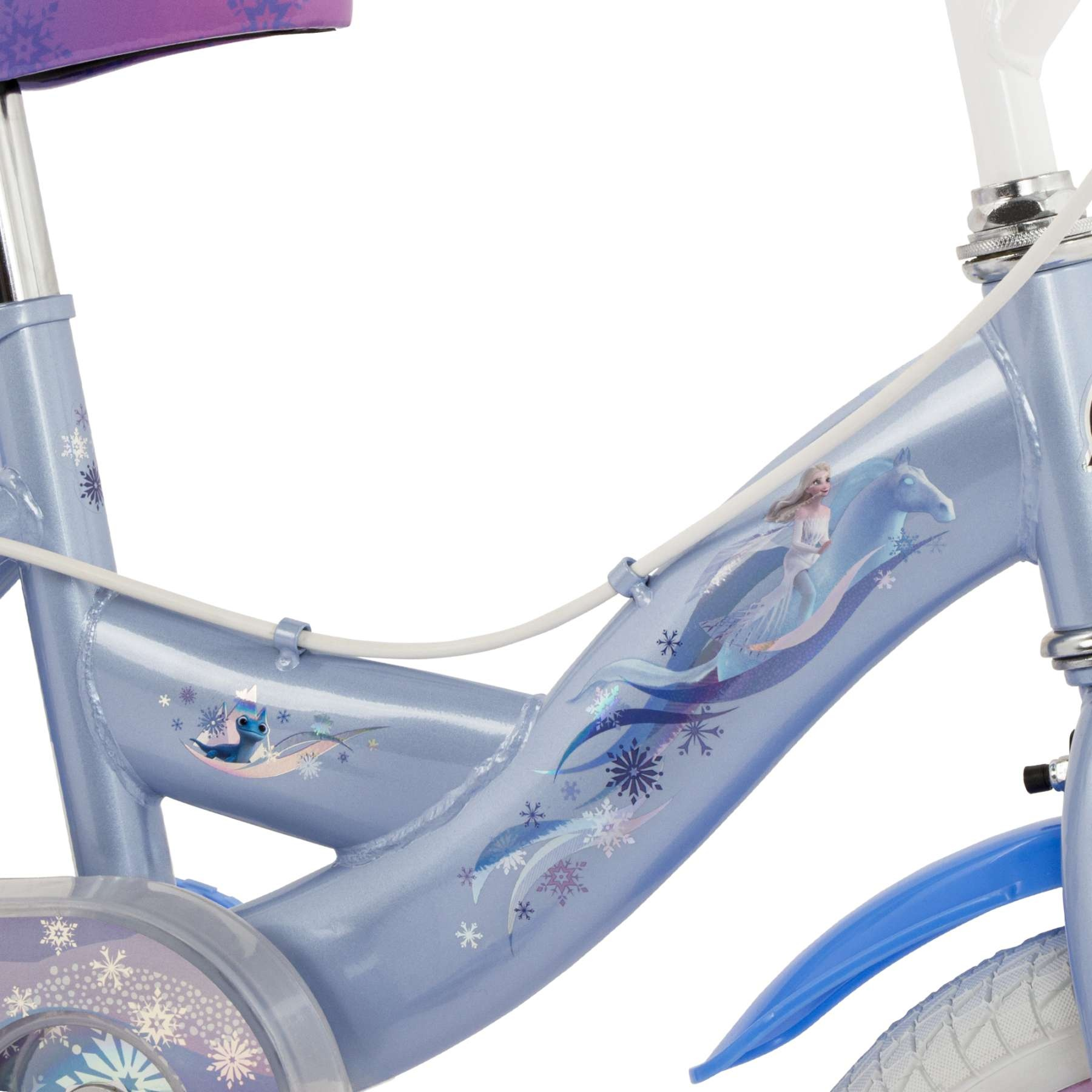 Una bicicletta azzurra con una principessa e un cavallo.