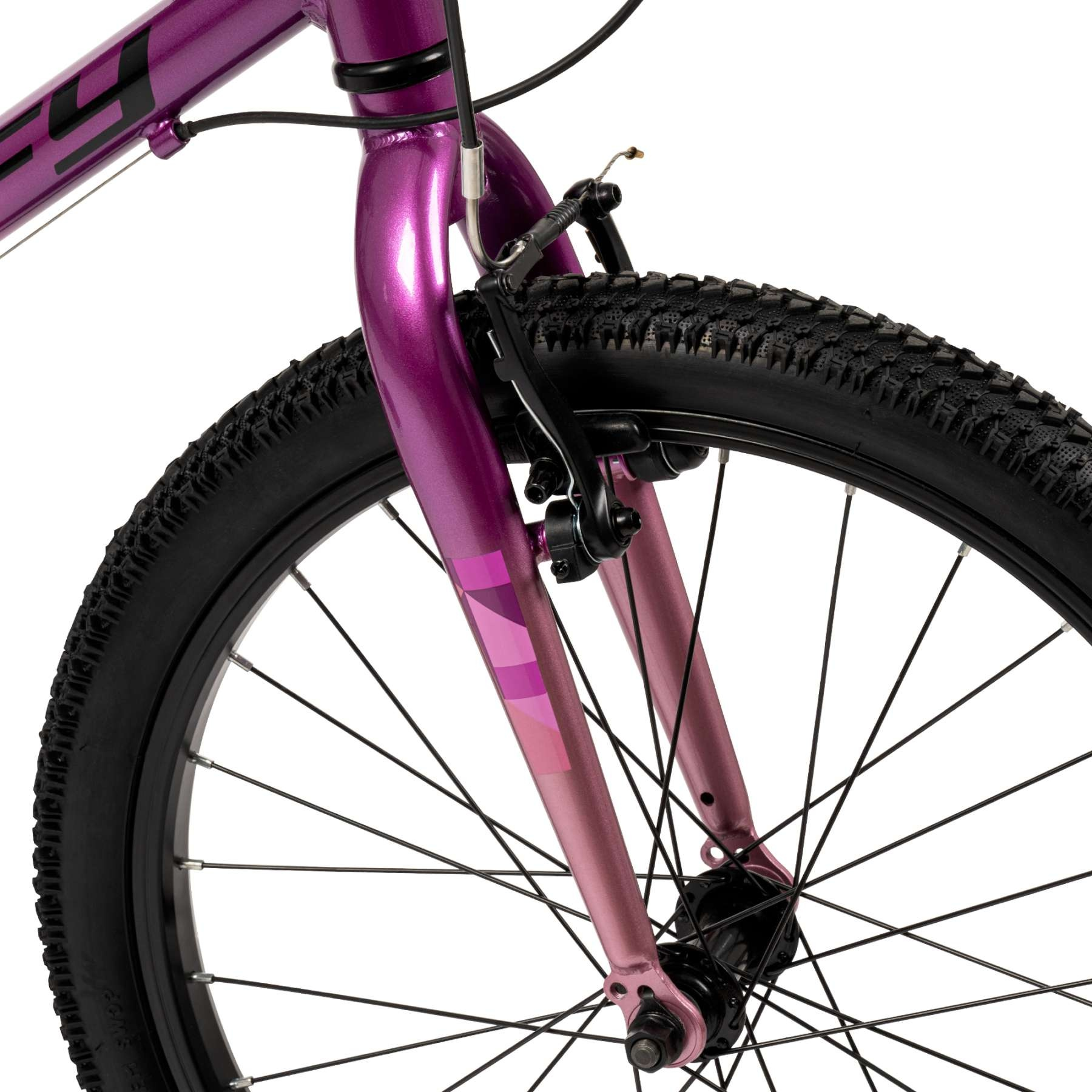 Lila Fahrradgabel und Rad mit schwarzem Reifen und Speichen.