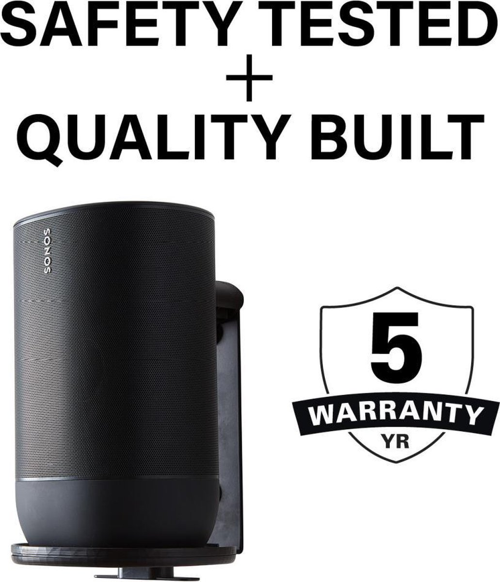 Zwarte Sonos speaker met 5 jaar garantie logo. "Safety Tested + Quality Built".