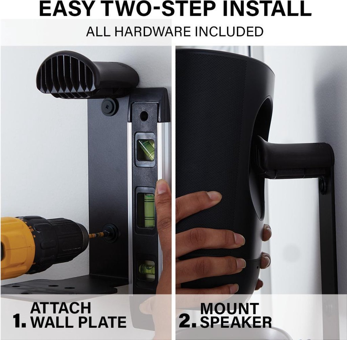 Twee stappen voor installatie: muurplaat bevestigen, speaker monteren.