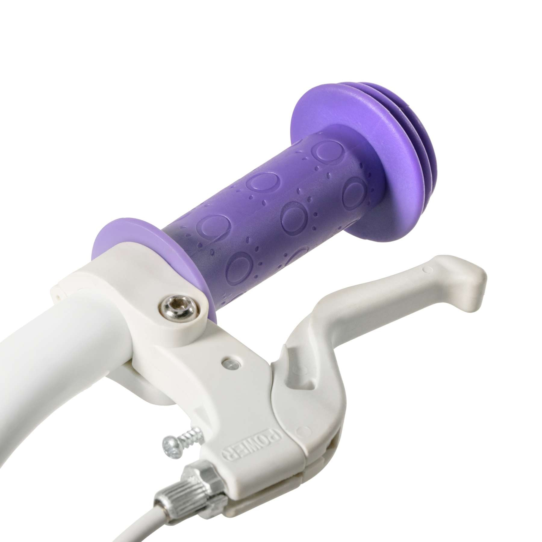 Lila Fahrradgriff mit weißen Bremshebeln und silbernen Schrauben.