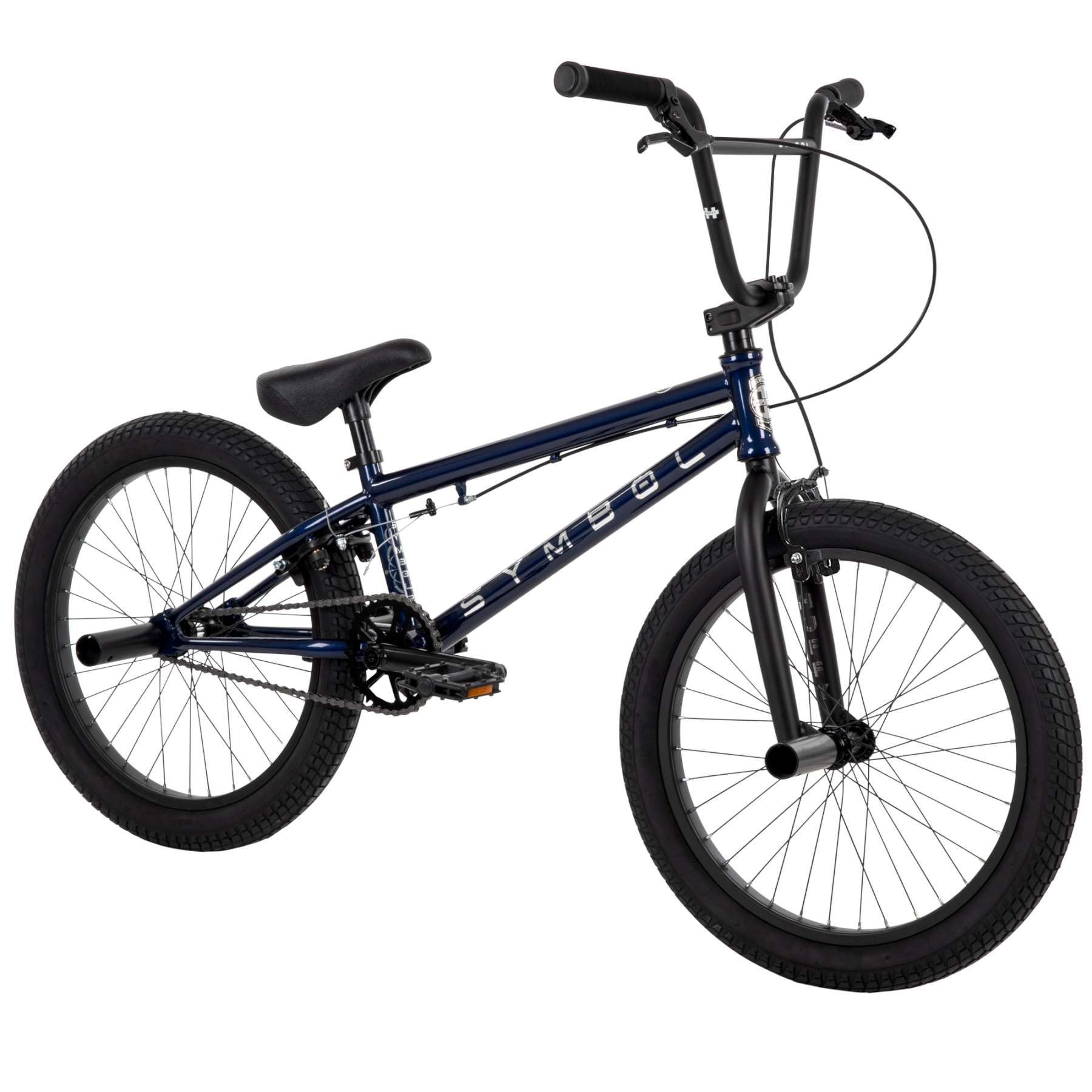 Ein dunkelblaues BMX-Fahrrad mit schwarzen Reifen, Felgen und Lenker.