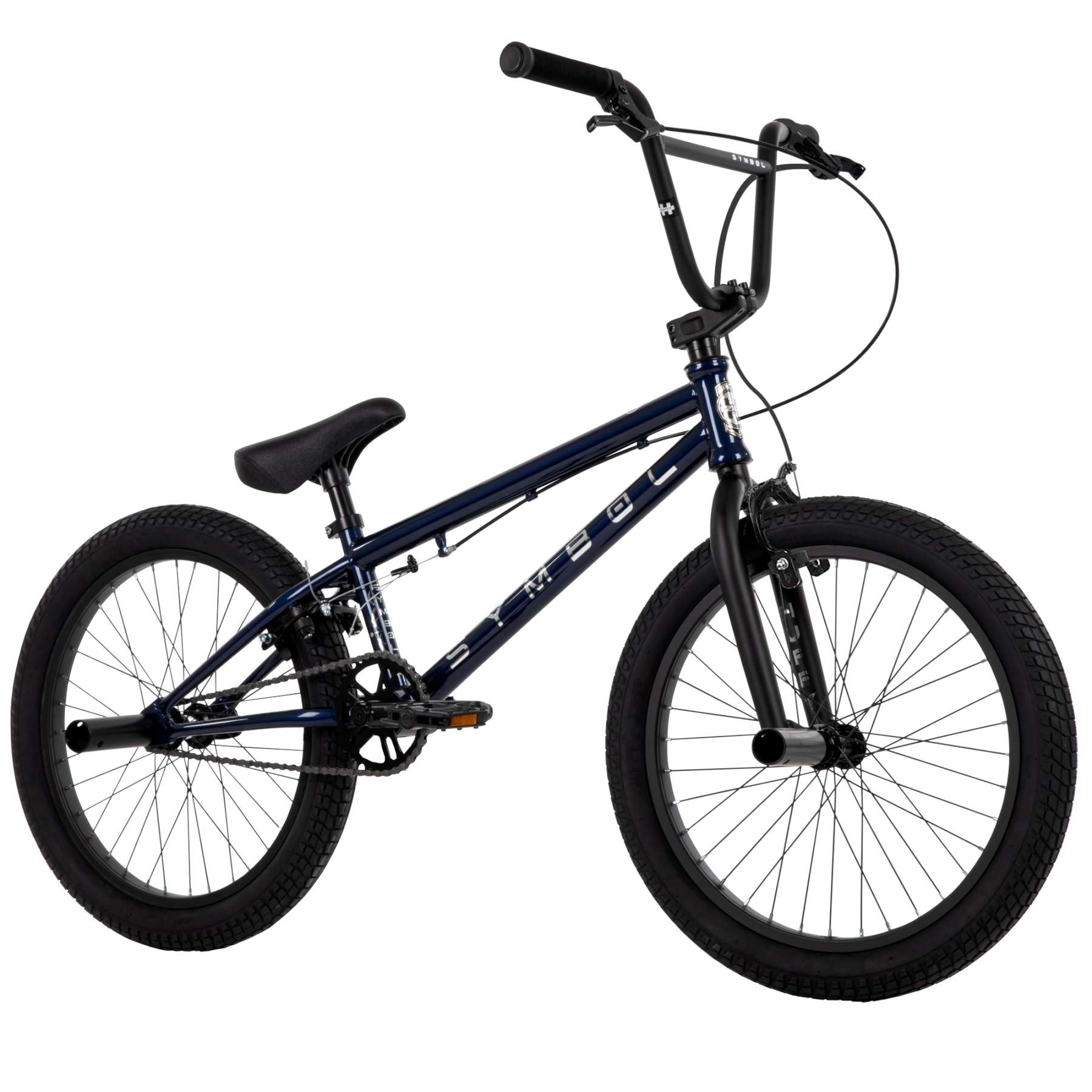 Ein dunkelblaues BMX-Fahrrad mit schwarzen Reifen und Lenker.