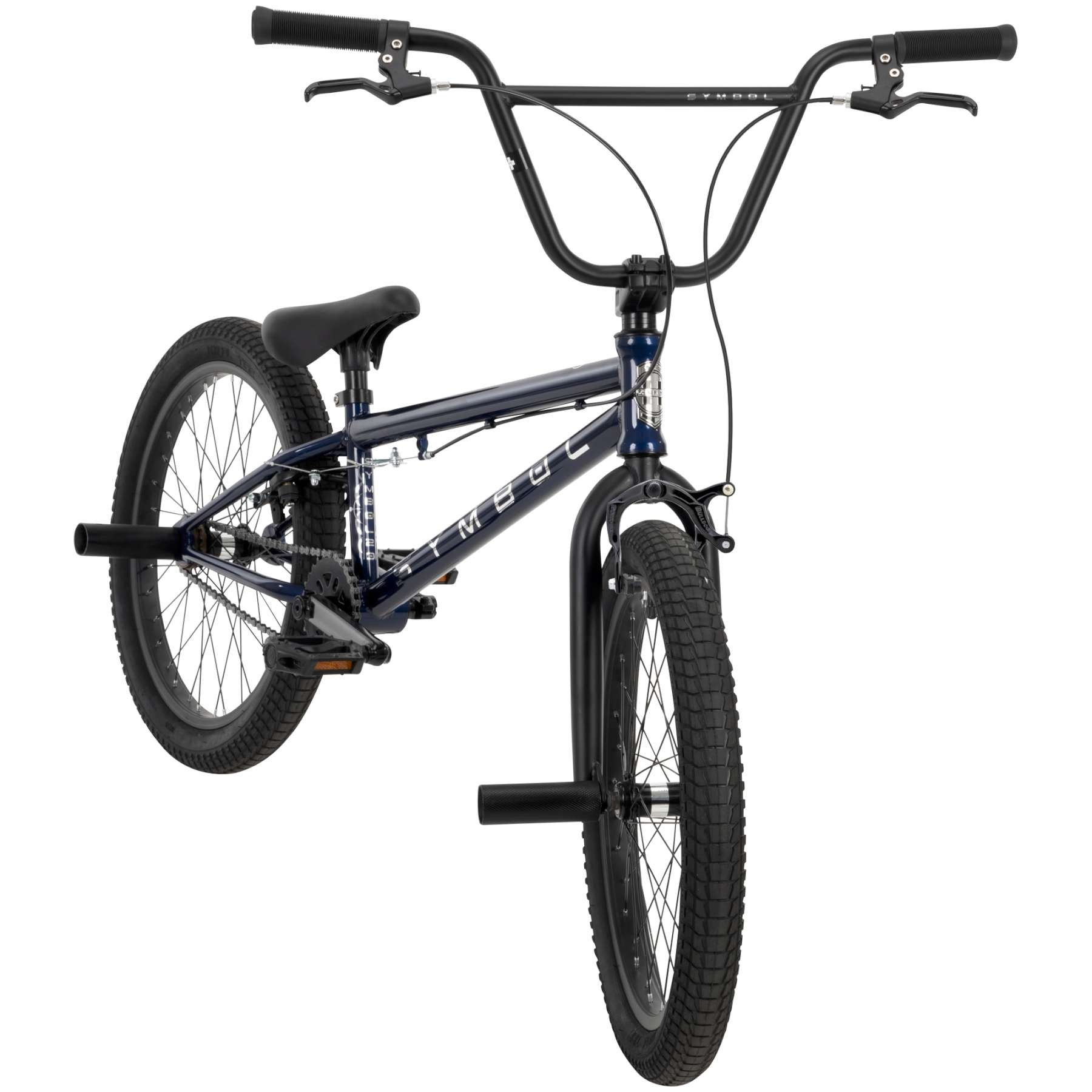 Ein dunkelblaues BMX-Rad mit schwarzen Reifen, Lenker, Sattel und Pedalen steht vor weißem Hintergrund.