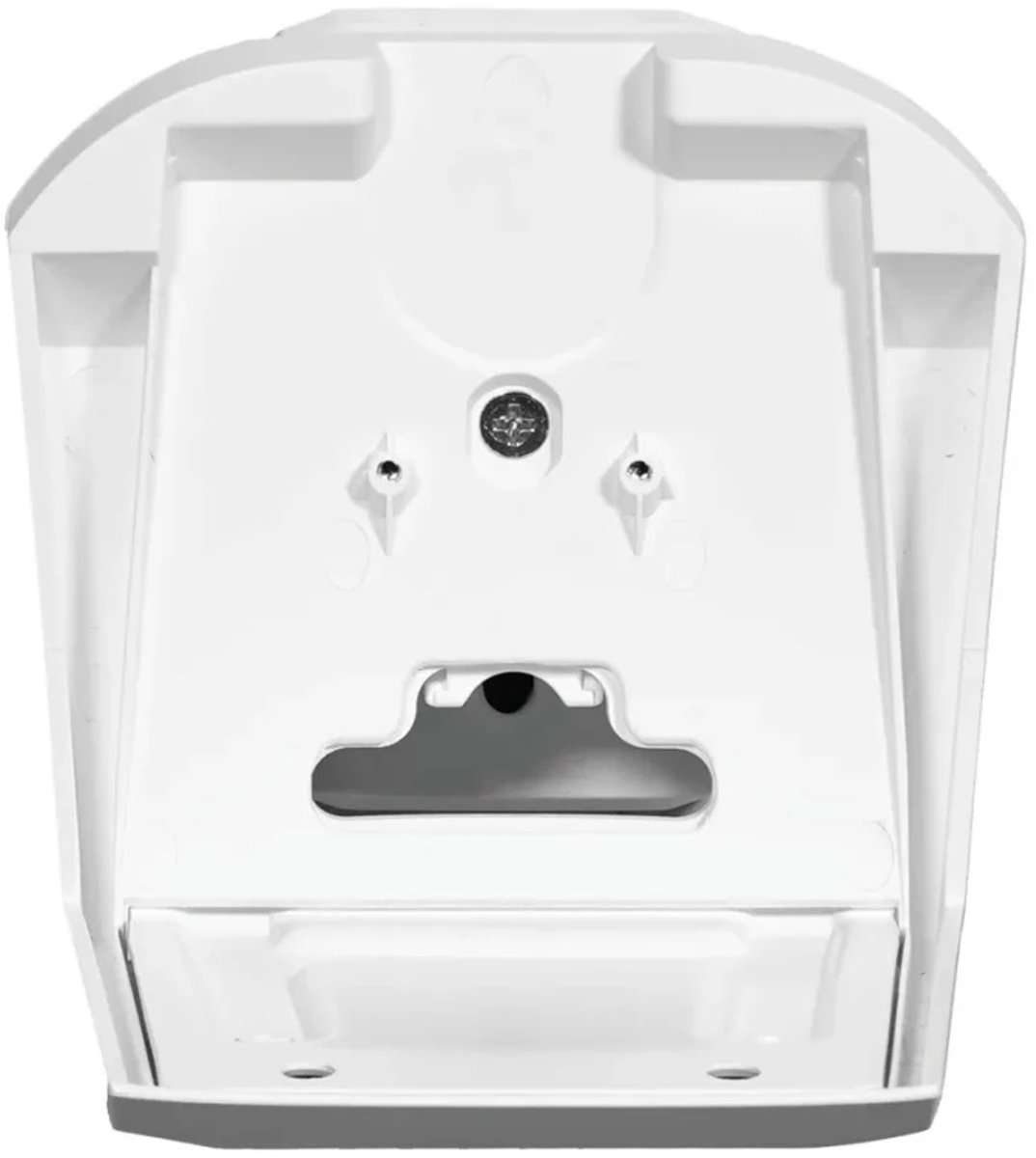 White wall mount with screws and a slot.