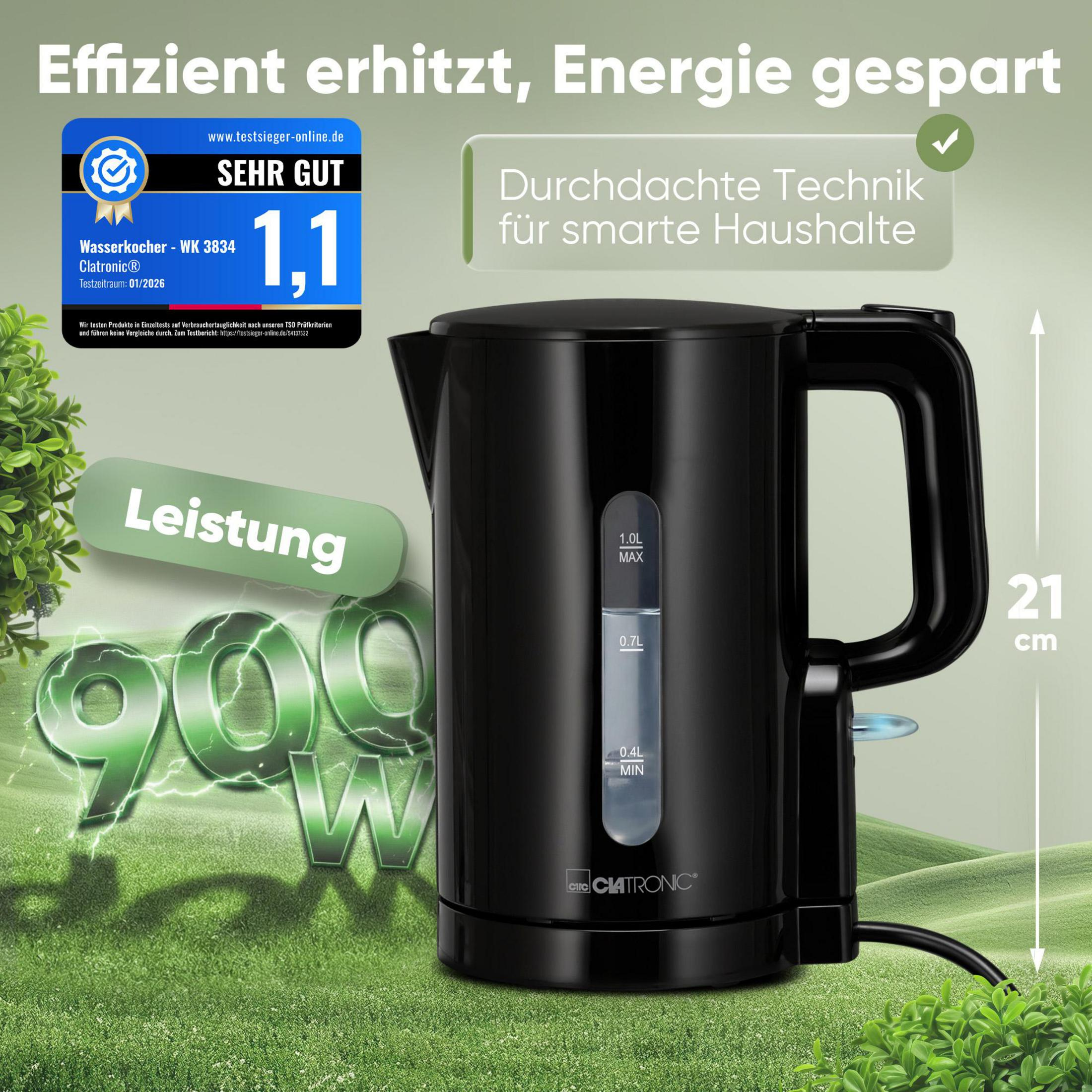 Bollitore nero da 1,0L di capacità, alto 21cm, con indicatore di watt.