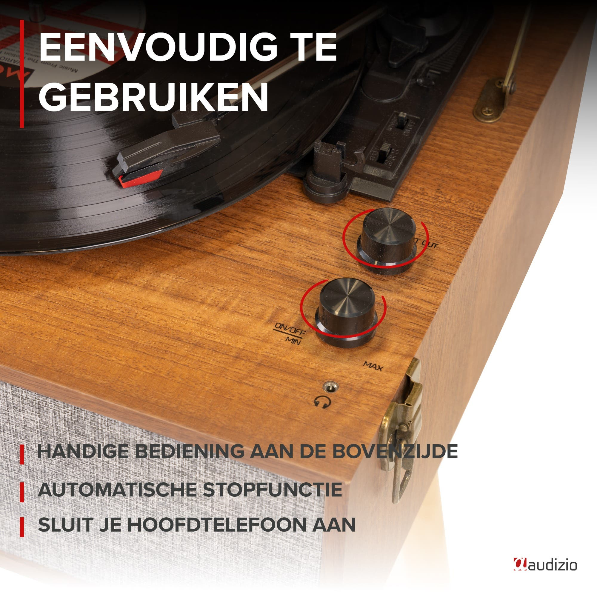 Un tocadiscos con cuerpo de madera y controles.