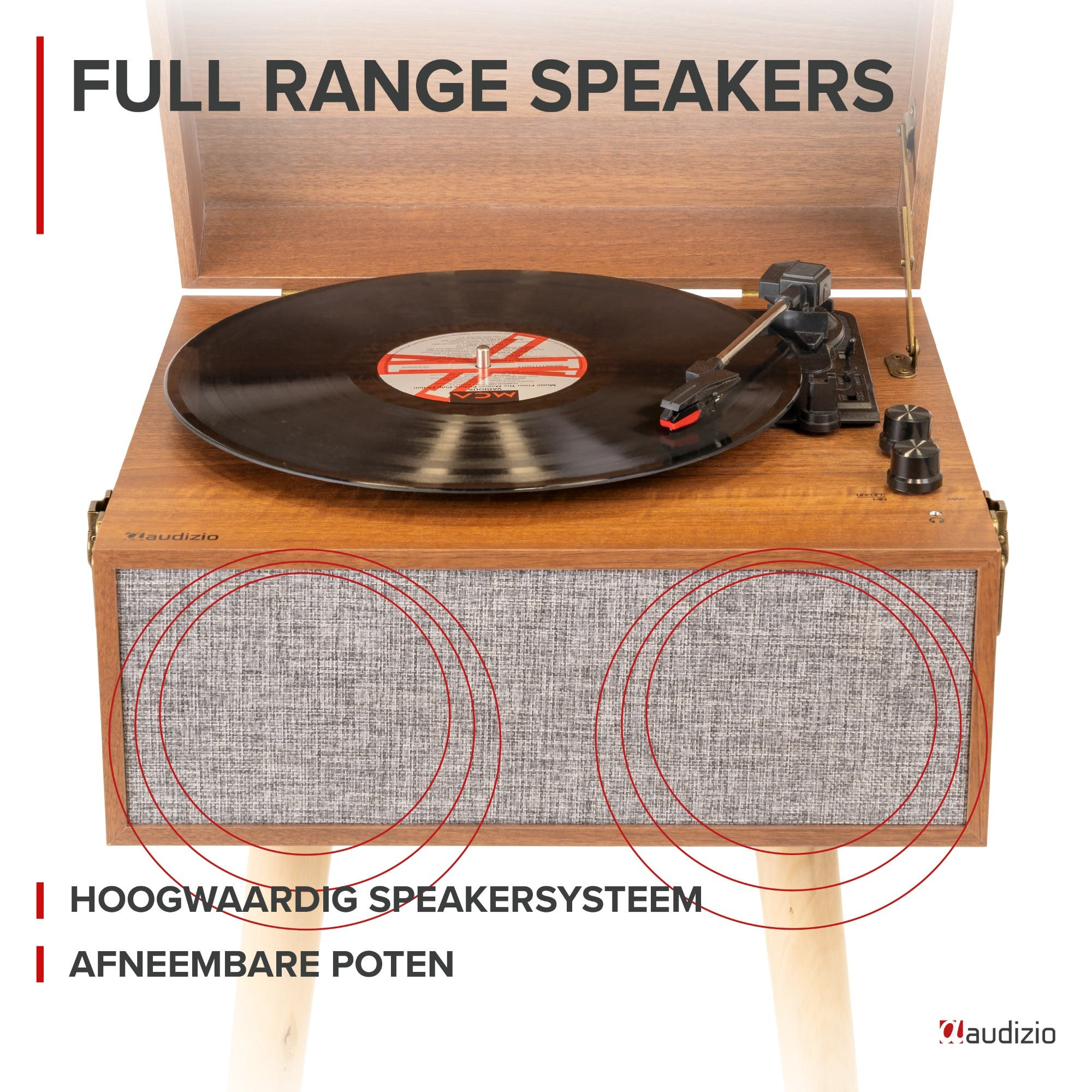 Tocadiscos de madera con vinilo y altavoces. Texto: FULL RANGE SPEAKERS.