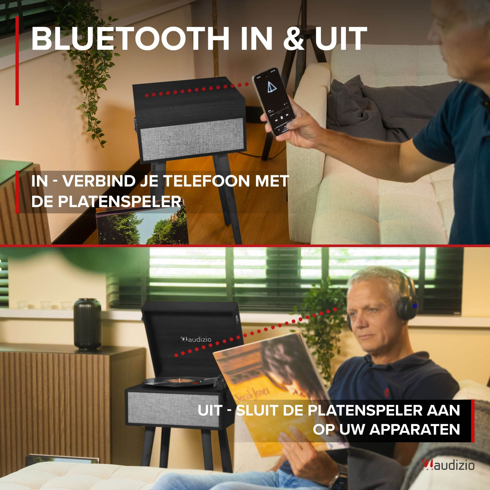 Hombre conecta smartphone vía Bluetooth a tocadiscos y escucha música.