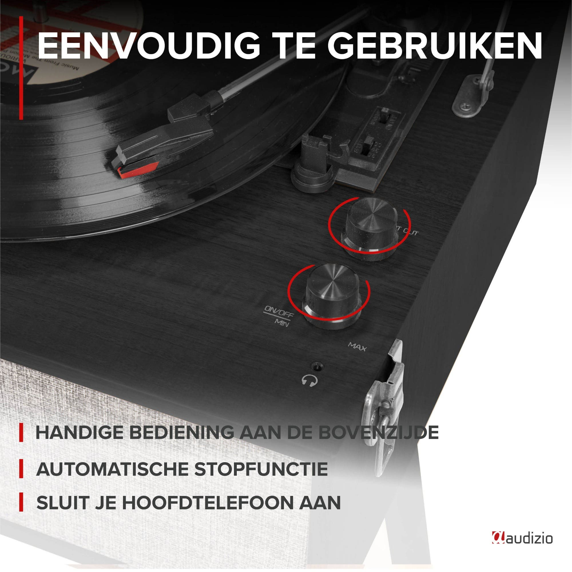 Tocadiscos negro con perillas y texto: Fácil de usar.
