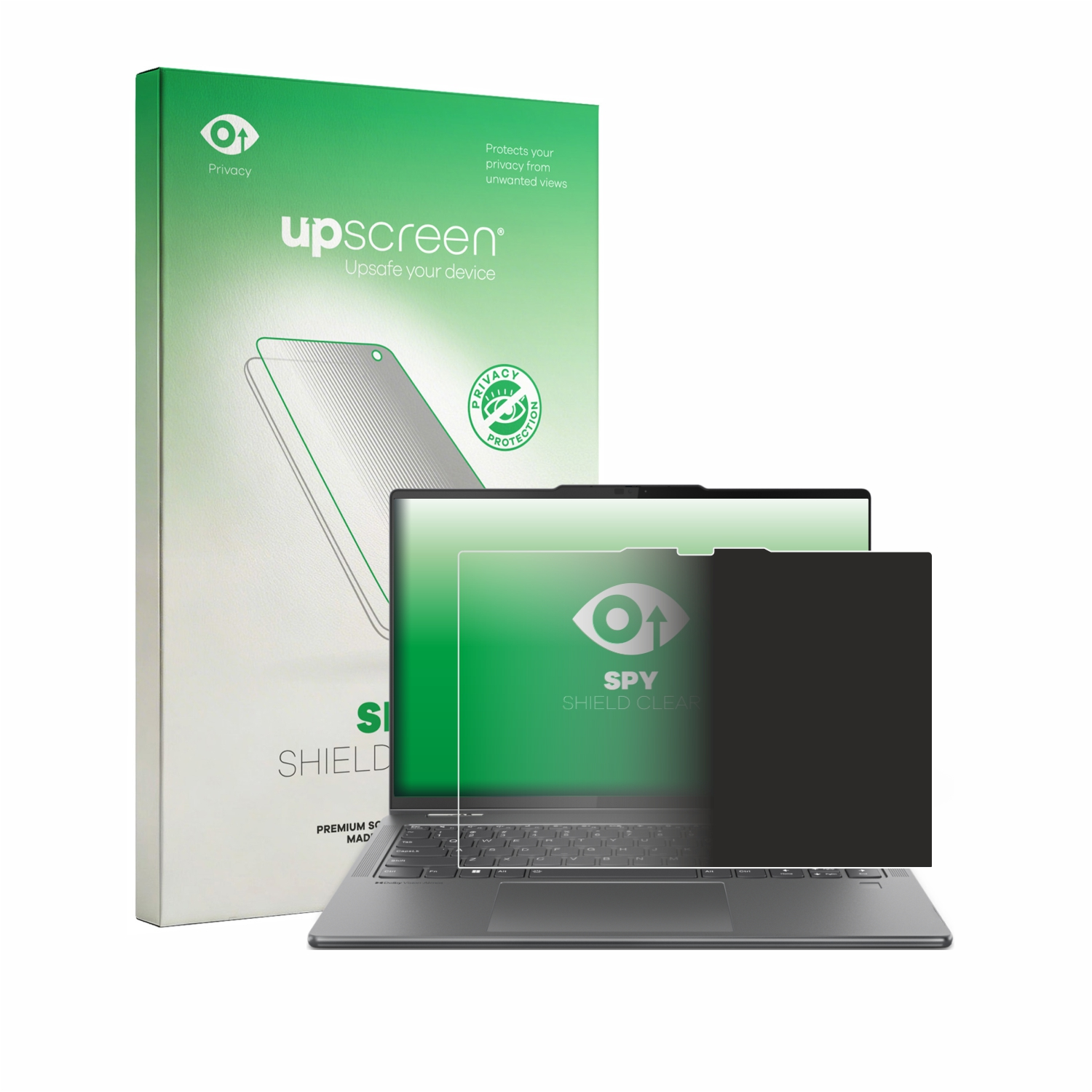 Laptop mit Sichtschutzfolie und Verpackung. Dunkle Fläche auf dem Bildschirm.