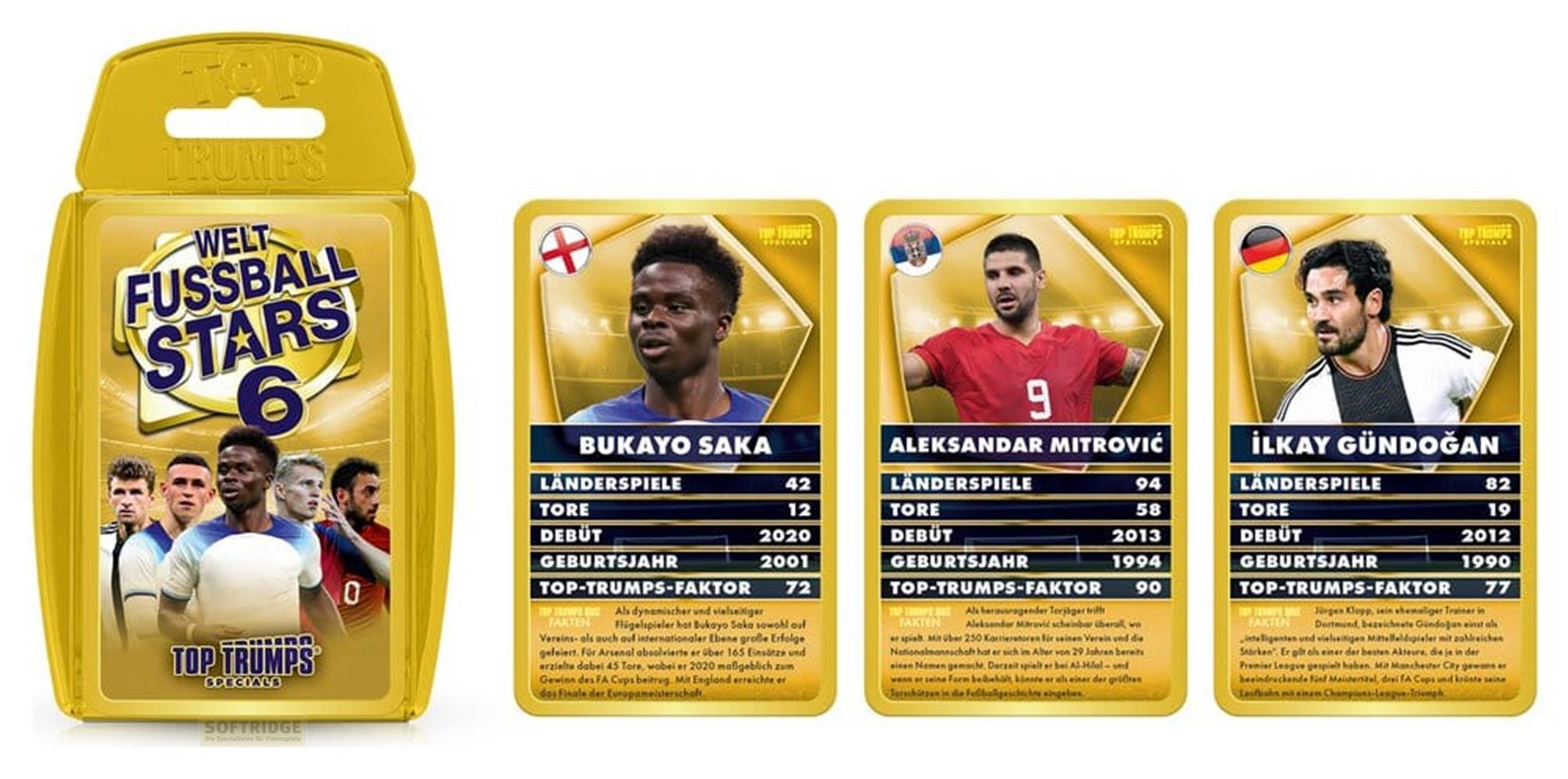 Top Trumps Sammelbox mit Fußballstars, drei Spielkarten