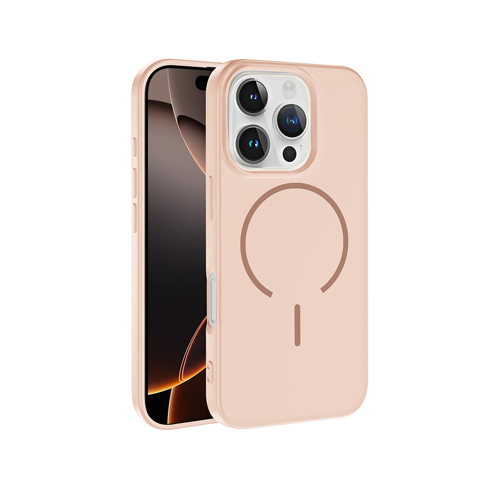 Üç kameralı, dairesel mıknatıs tasarımlı pembe telefon kılıfı.