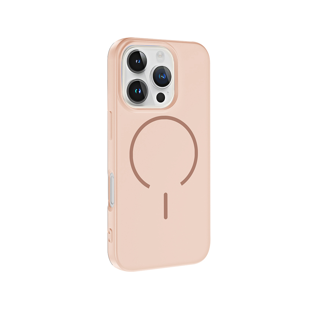 Üç kamera lensi ve dairesel manyetik halkaya sahip pembe telefon kılıfı.