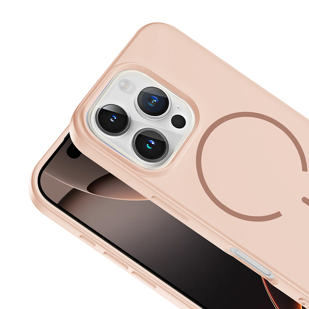 Kamera çıkıntısı ve dairesel tasarıma sahip pembe telefon kılıfı gösteriliyor.