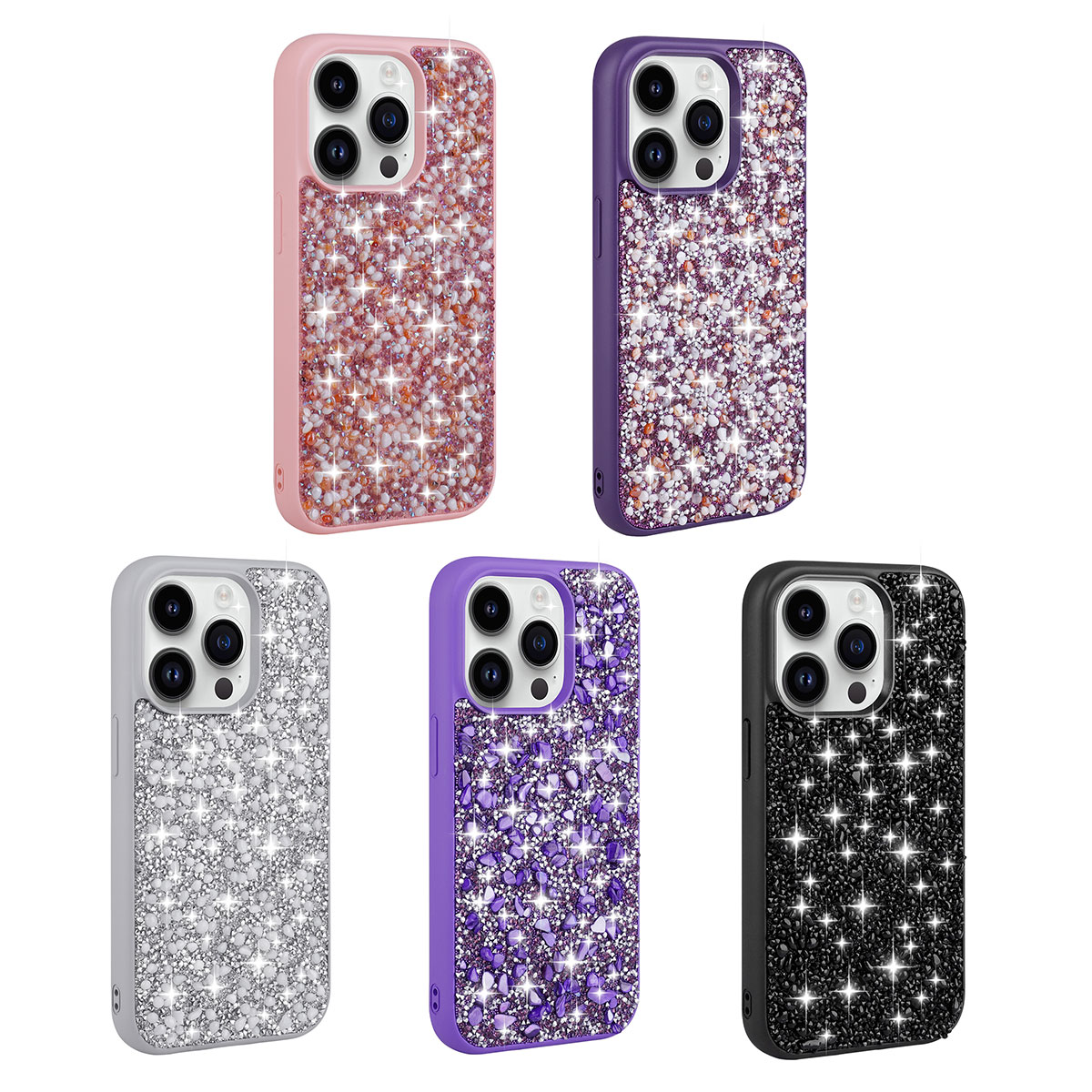 Beş ışıltılı iPhone kılıfı: pembe, mor, gümüş, mor ve siyah.