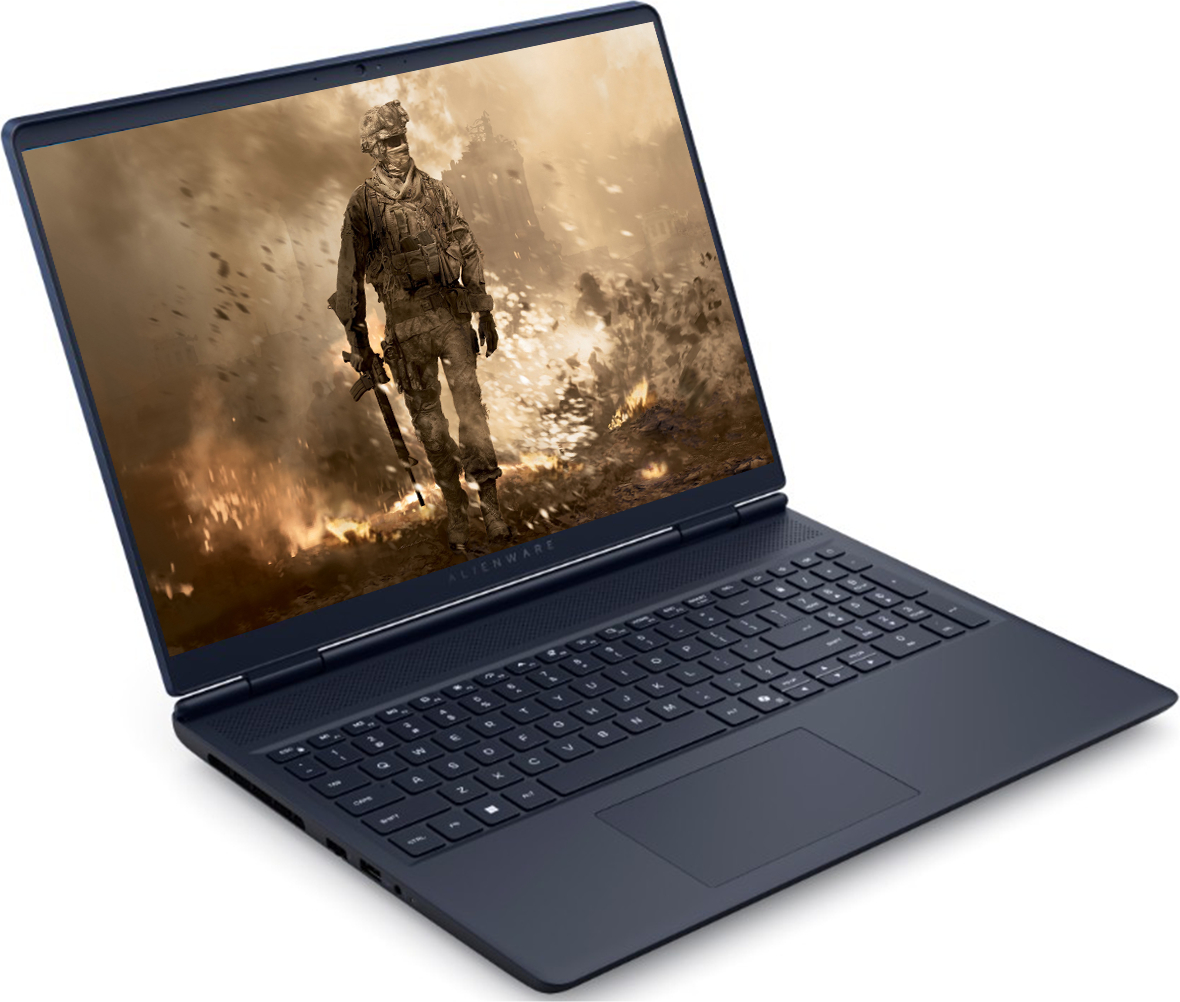 Dizüstü bilgisayarda ateş ve duman arasından yürüyen asker. Alienware logosu görünüyor.