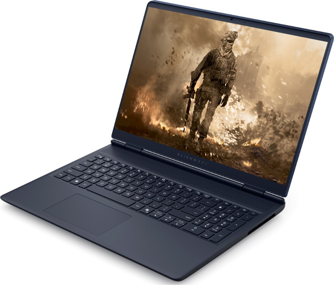 Koyu mavi Alienware dizüstü bilgisayar, askerli bir savaş oyunu sahnesi gösteriyor.