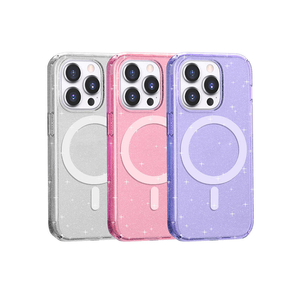 Gümüş, pembe ve mor renkli üç ışıltılı telefon kılıfı.