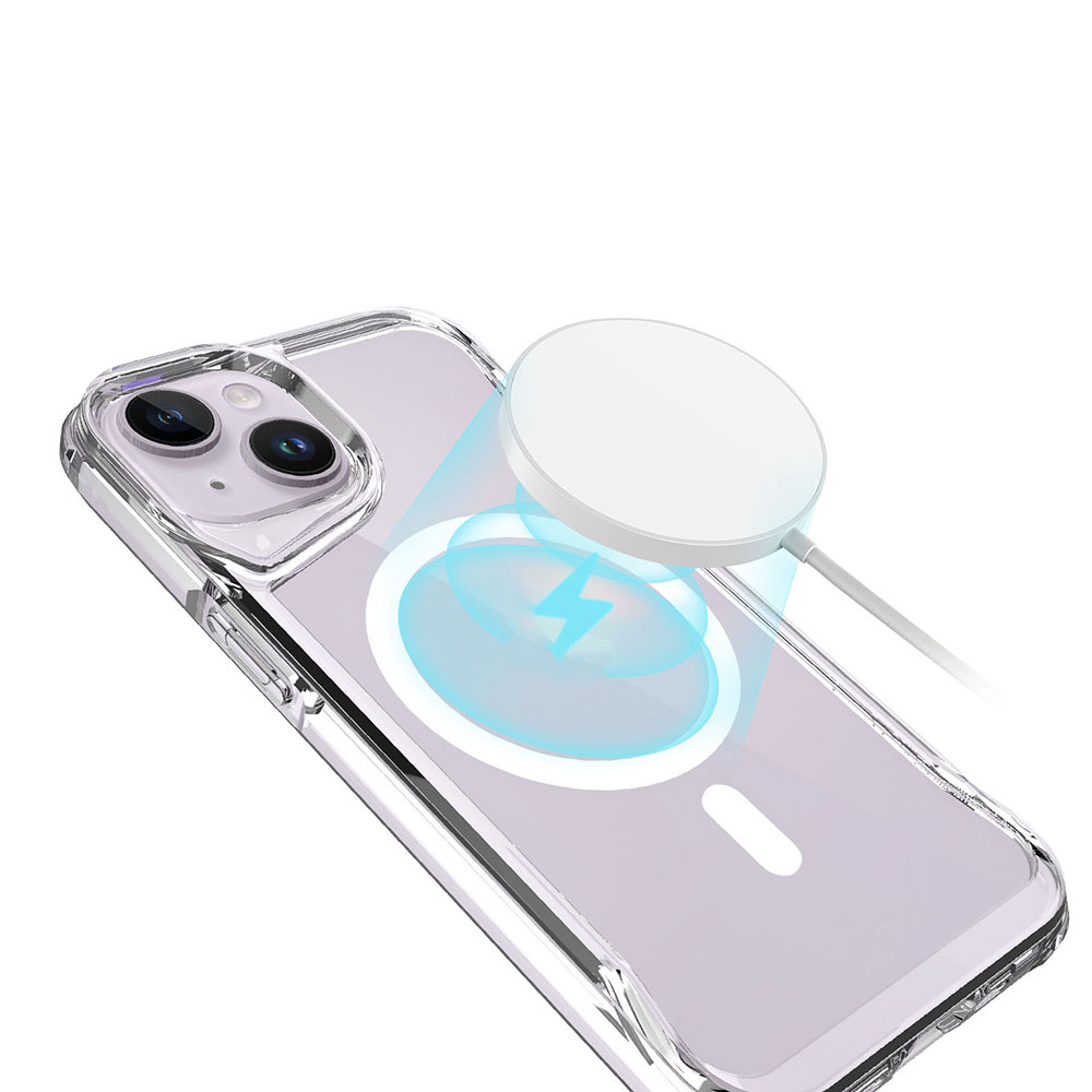 Beyaz manyetik şarj aleti takılı şeffaf telefon kılıfı.
