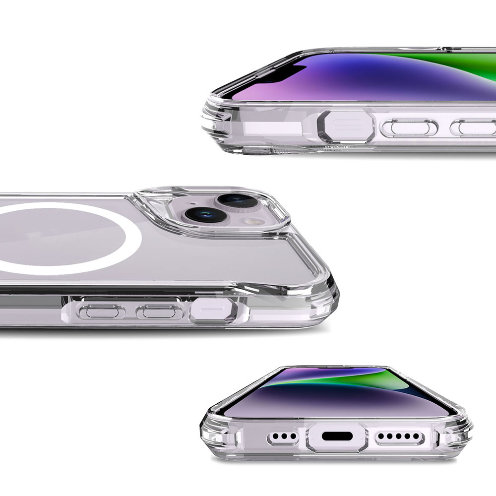 Kameraları ve bağlantı noktalarını vurgulayan üç açıdan gösterilen şeffaf iPhone kılıfı.