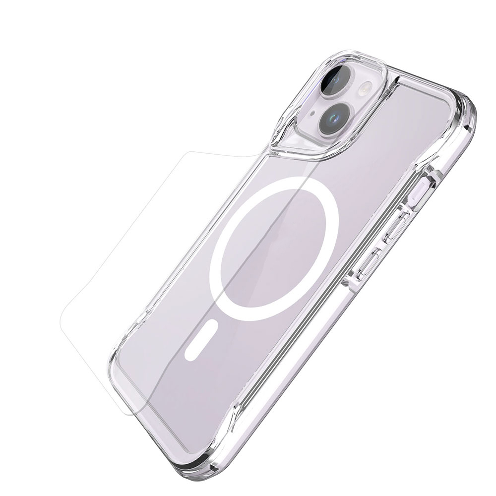 Beyaz arka plan üzerinde manyetik halkalı şeffaf telefon kılıfı.