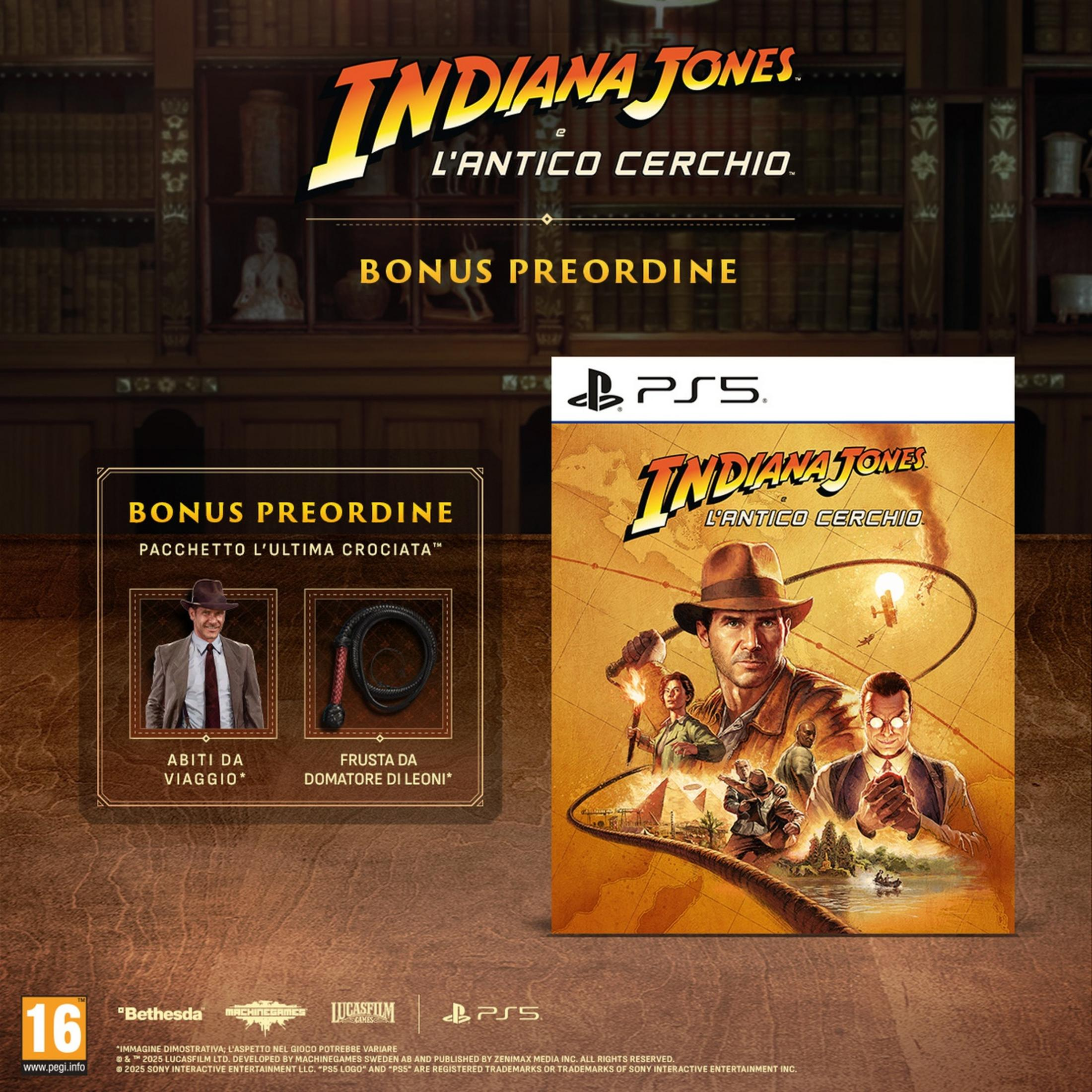 Copertina gioco Indiana Jones: Il Cerchio Antico PS5 con bonus: Indiana Jones in abito e frusta.