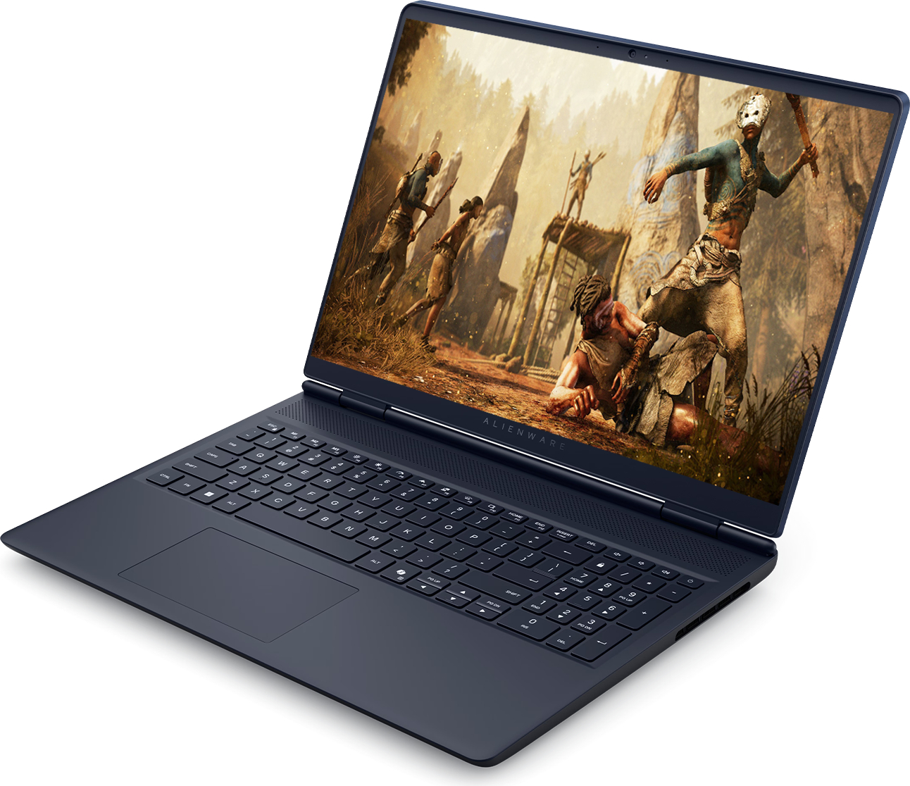 Koyu mavi bir Alienware dizüstü bilgisayar, savaşan kabile savaşçılarının bir video oyunu sahnesini gösteriyor.