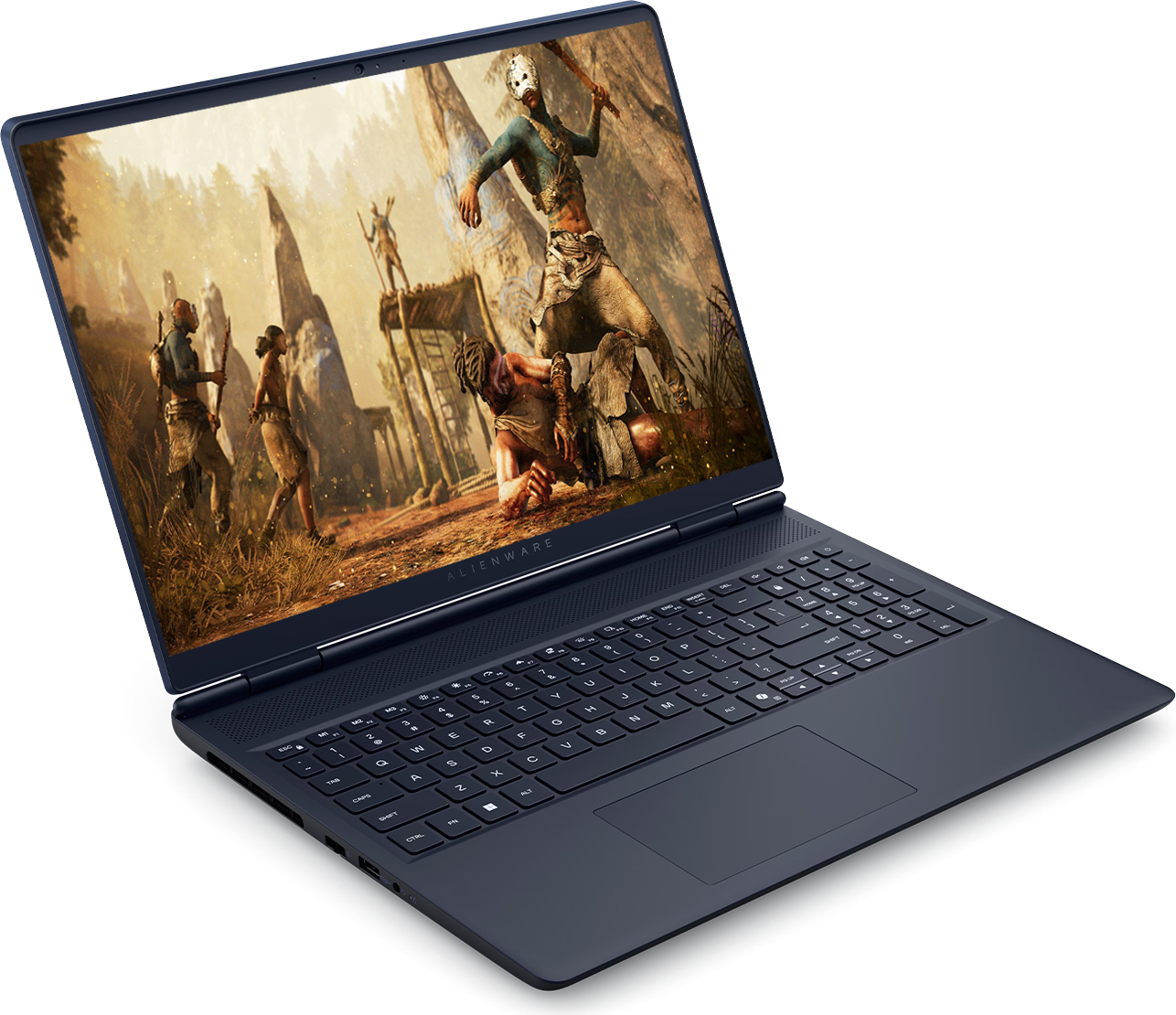 Bir video oyunu sahnesi gösteren açık bir Alienware dizüstü bilgisayar.