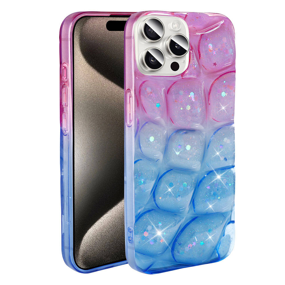 Simli ve pembe-mavi geçişli şeffaf iPhone kılıfı.