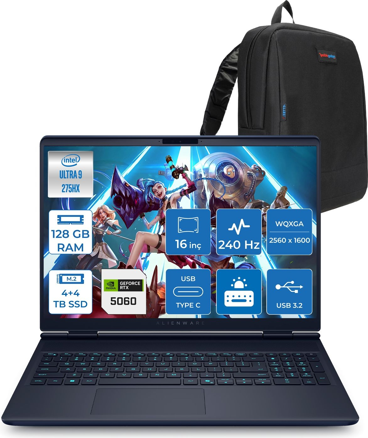 Intel Ultra 9, 128GB RAM, RTX 5060'lı Alienware dizüstü ve siyah sırt çantası.