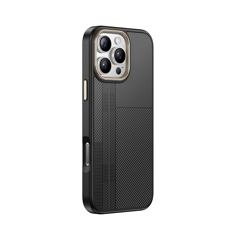 Kamera kesikli, siyah dokulu telefon kılıfı.