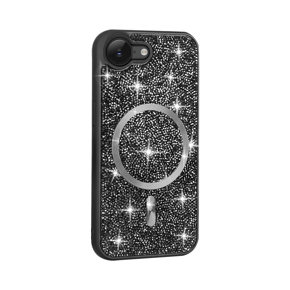 Parlak taşlarla süslü, gümüş manyetik halkalı siyah telefon kılıfı.