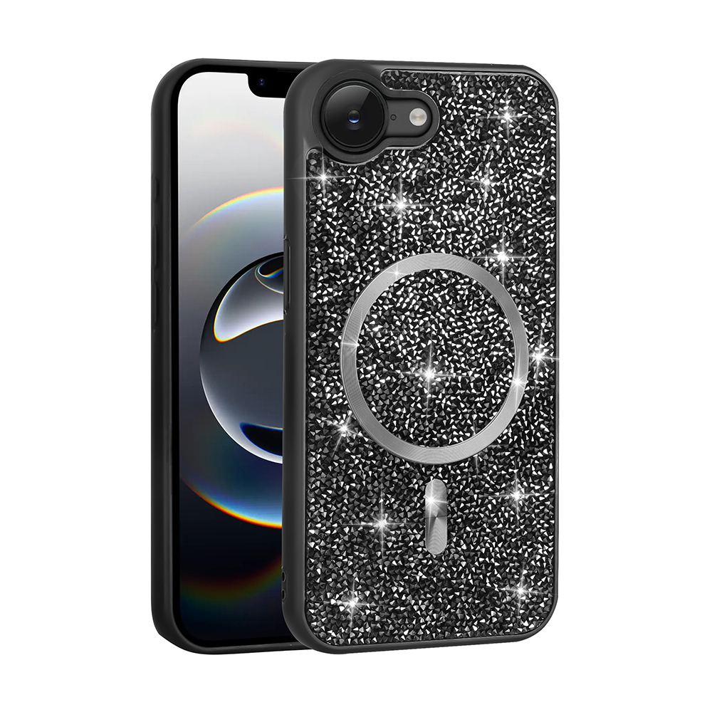 Dik duran, simli kılıflı siyah bir iPhone.
