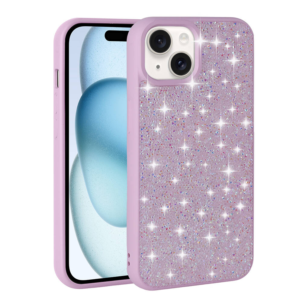 Işıltılı, açık mor, yıldız desenli ve kamera kesimli telefon kılıfı.