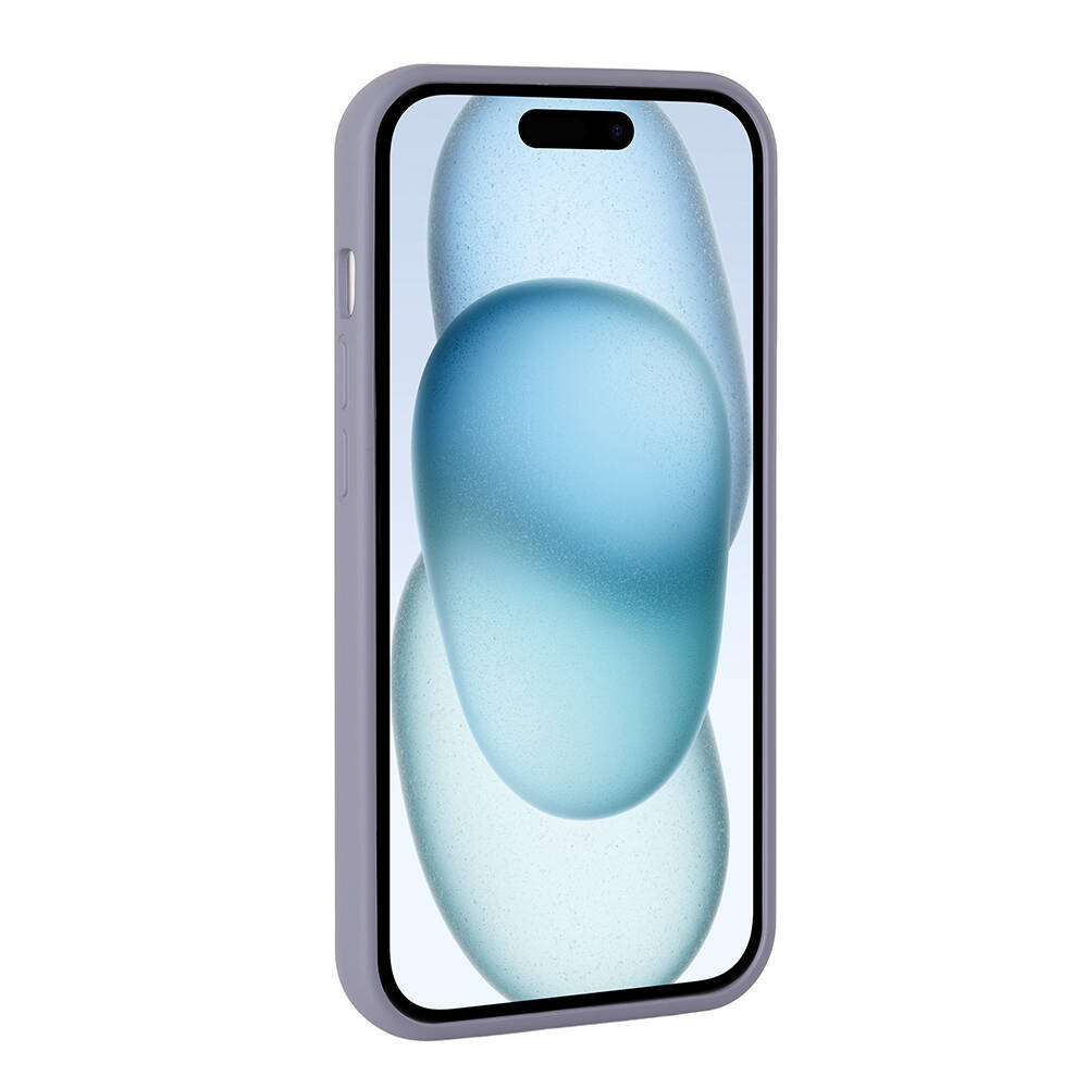Mavi soyut duvar kağıtlı gri bir telefon beyaz zeminde gösteriliyor.