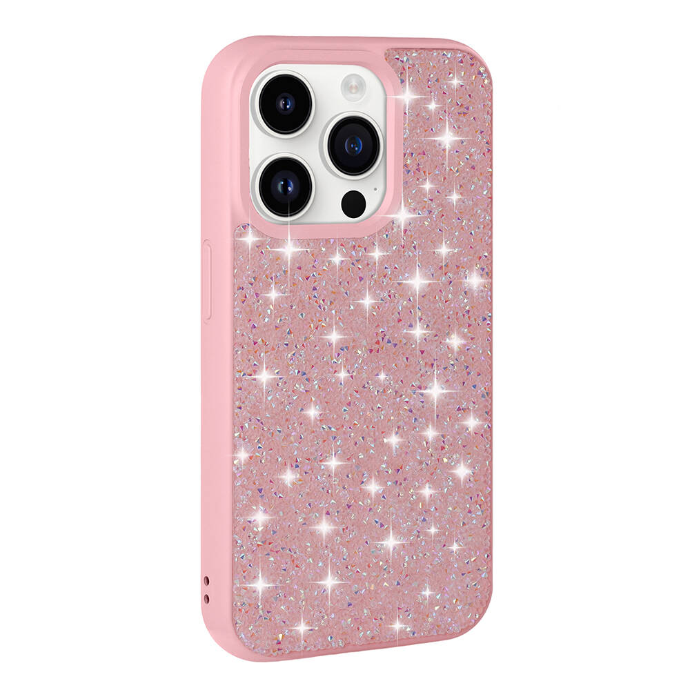 Işıltılı ve kamera kesimli pembe iPhone kılıfı.