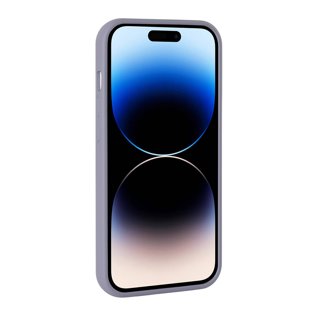 Dinamik mavi ve beyaz ekran duvar kağıtlı açık gri iPhone. Minimalist.