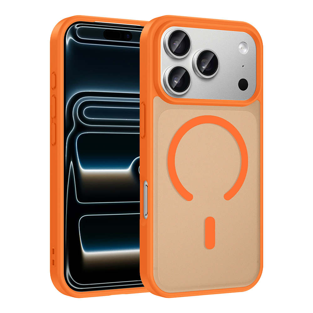 Şeffaf arka ve manyetik halkalı turuncu iPhone kılıfı.