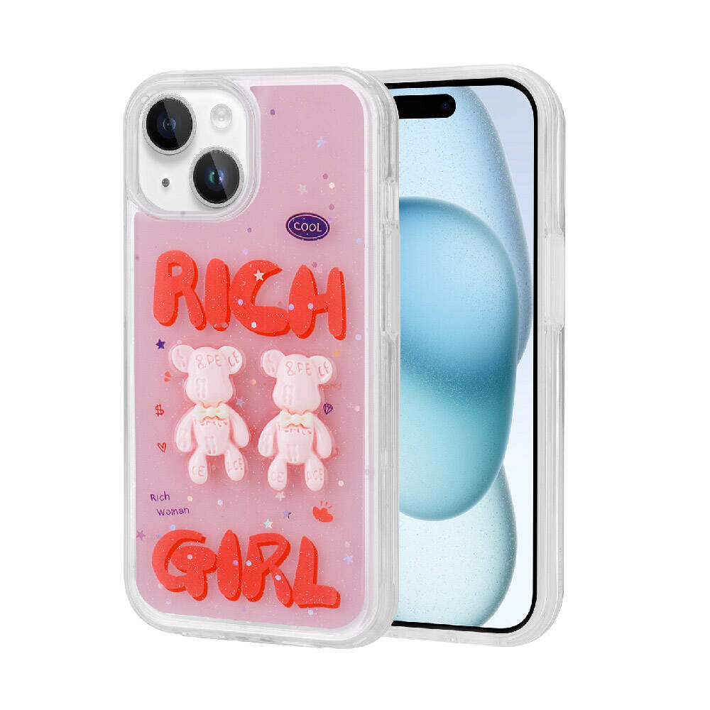 Pembe simli, ayıcık ve 'RICH GIRL' yazılı şeffaf telefon kılıfı.
