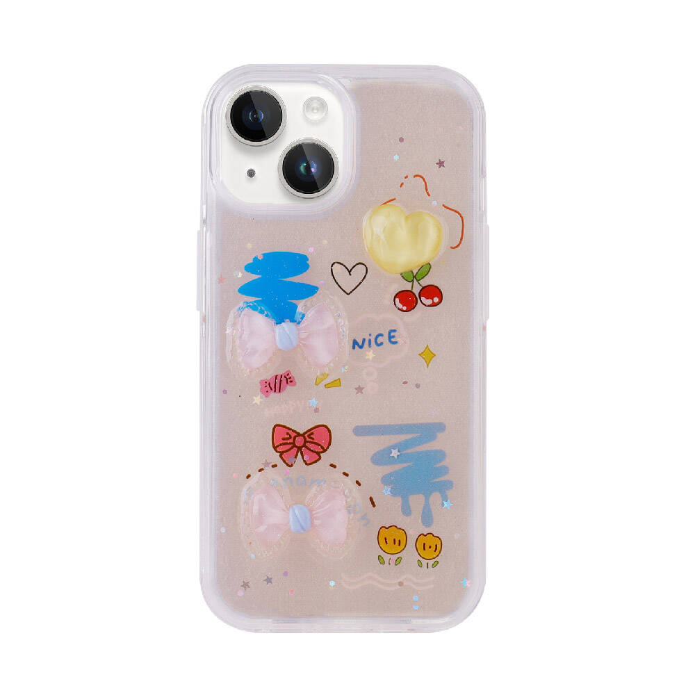 Pembe fiyonklar, kirazlar ve kalp baskılı şeffaf telefon kılıfı.