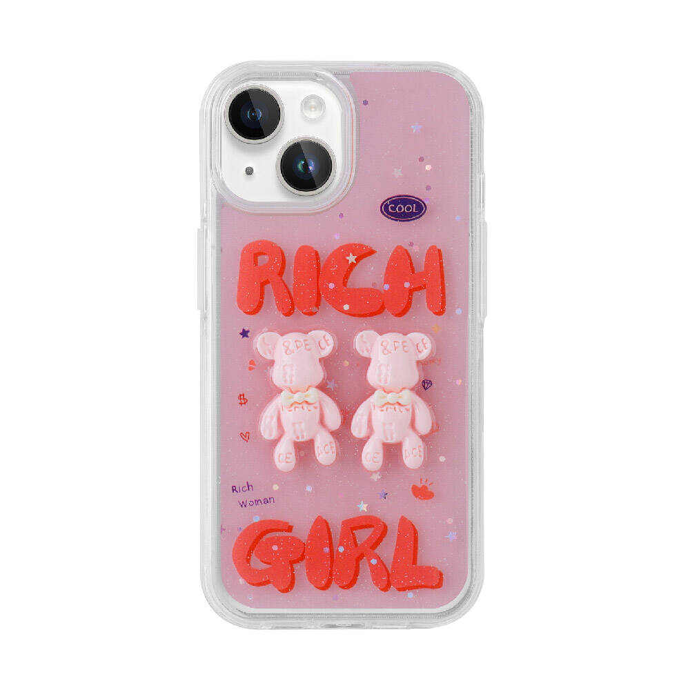 Sim, yazı ve ayı figürlü pembe iPhone kılıfı.