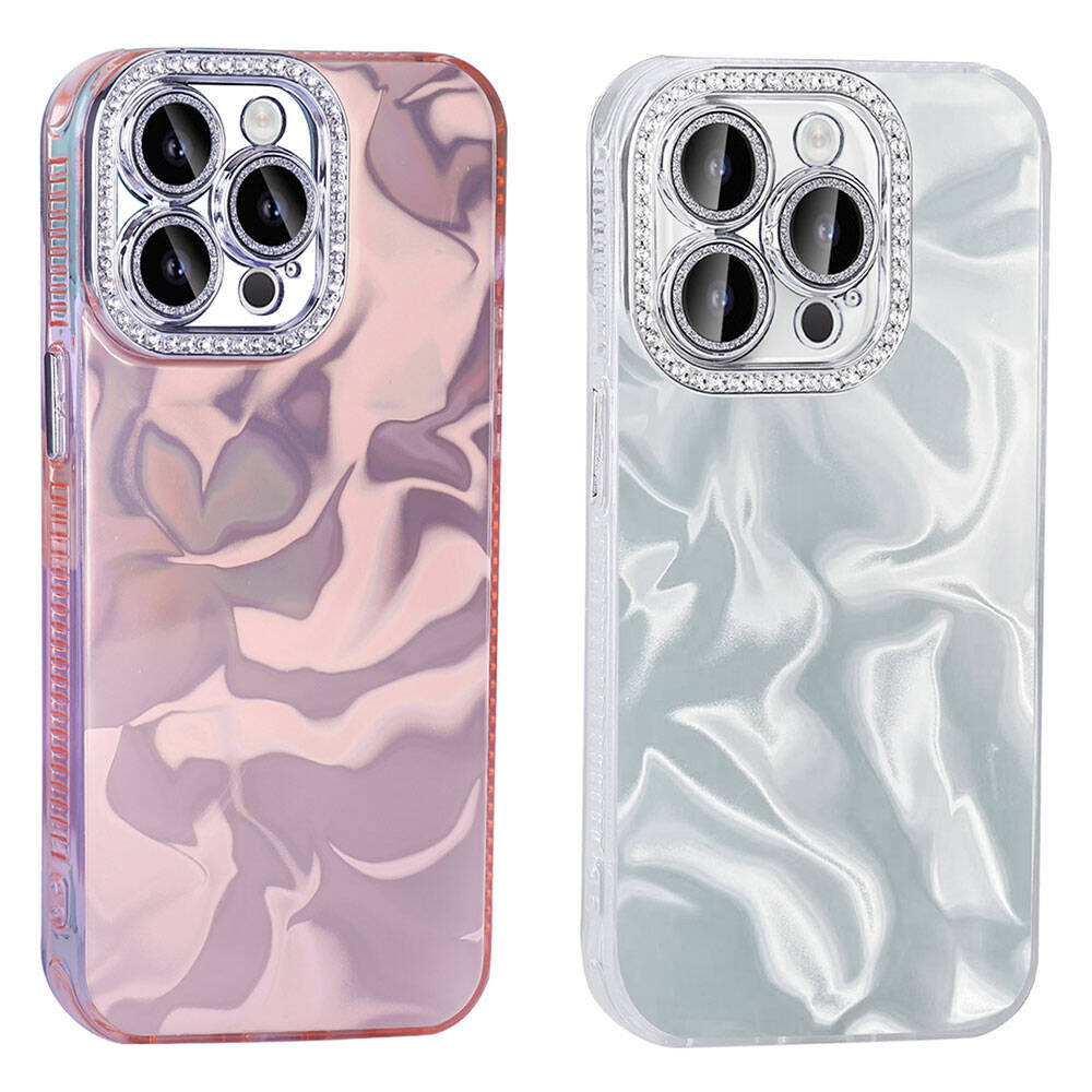 Mermer desenli iki iPhone kılıfı: biri pembe, diğeri açık gri, simli.
