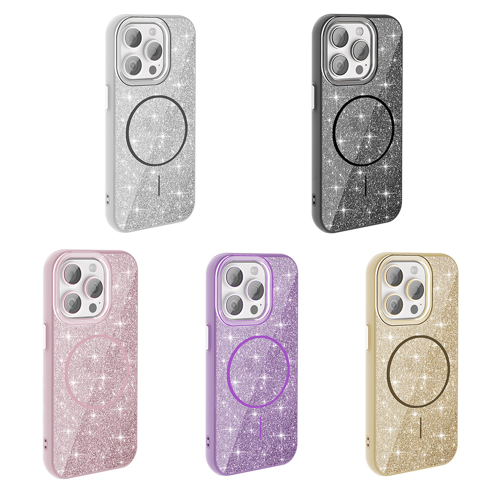 Gümüş, siyah, pembe, mor ve altın renginde beş parlak telefon kılıfı.
