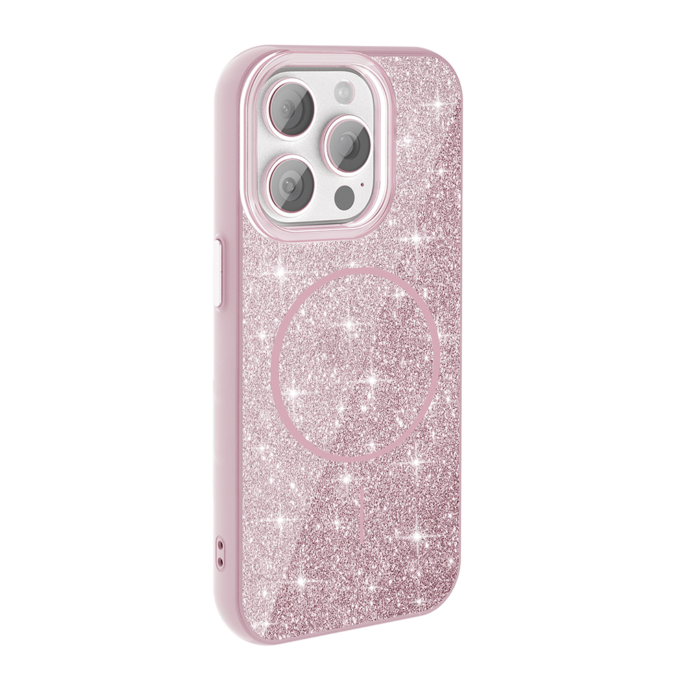 Kamera kesimli ve manyetik halkalı pembe simli telefon kılıfı.