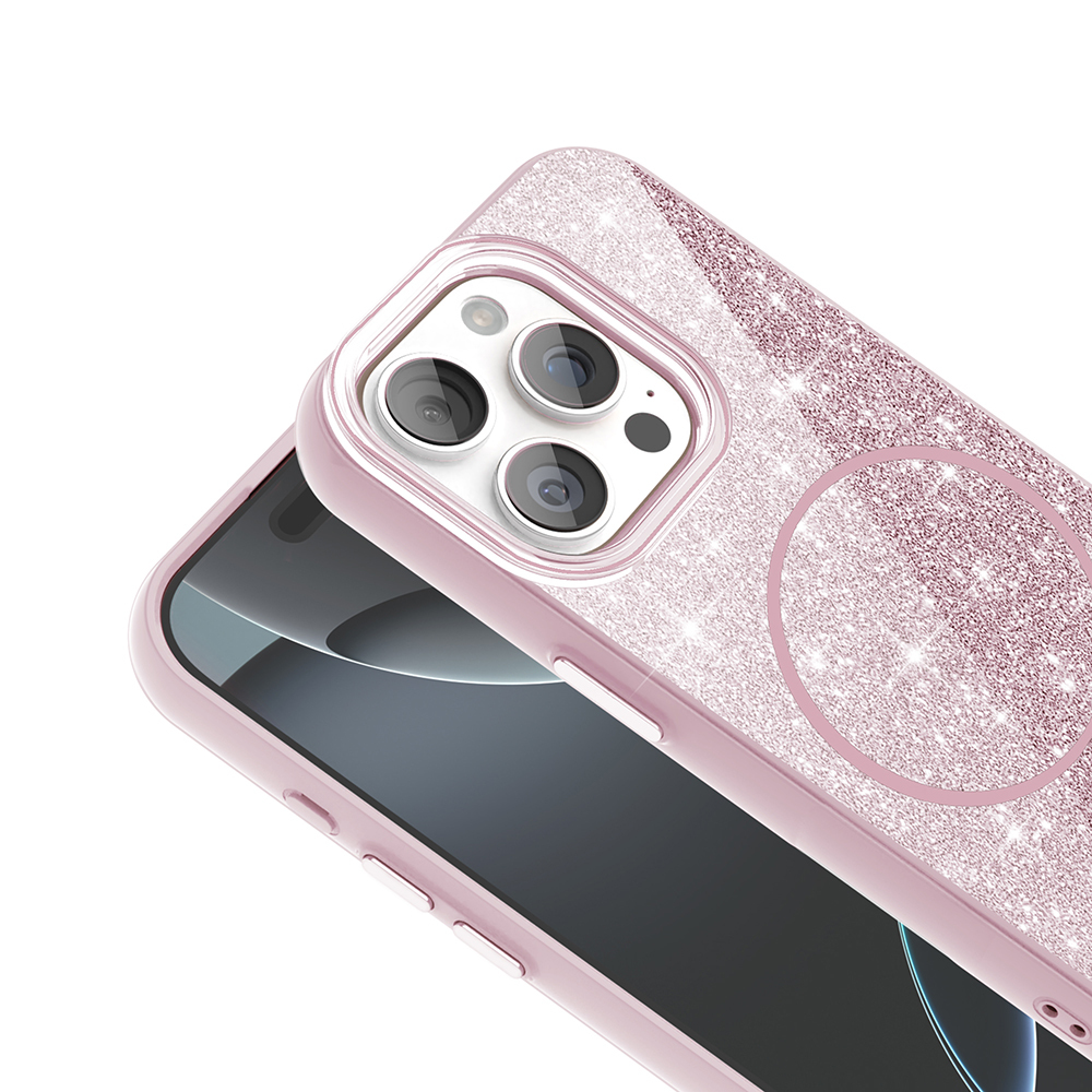 Kamera kesimli ve manyetik halkalı pembe simli telefon kılıfı.