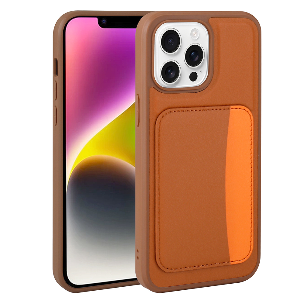 iPhone üzerinde kart yuvalı kahverengi telefon kılıfı.