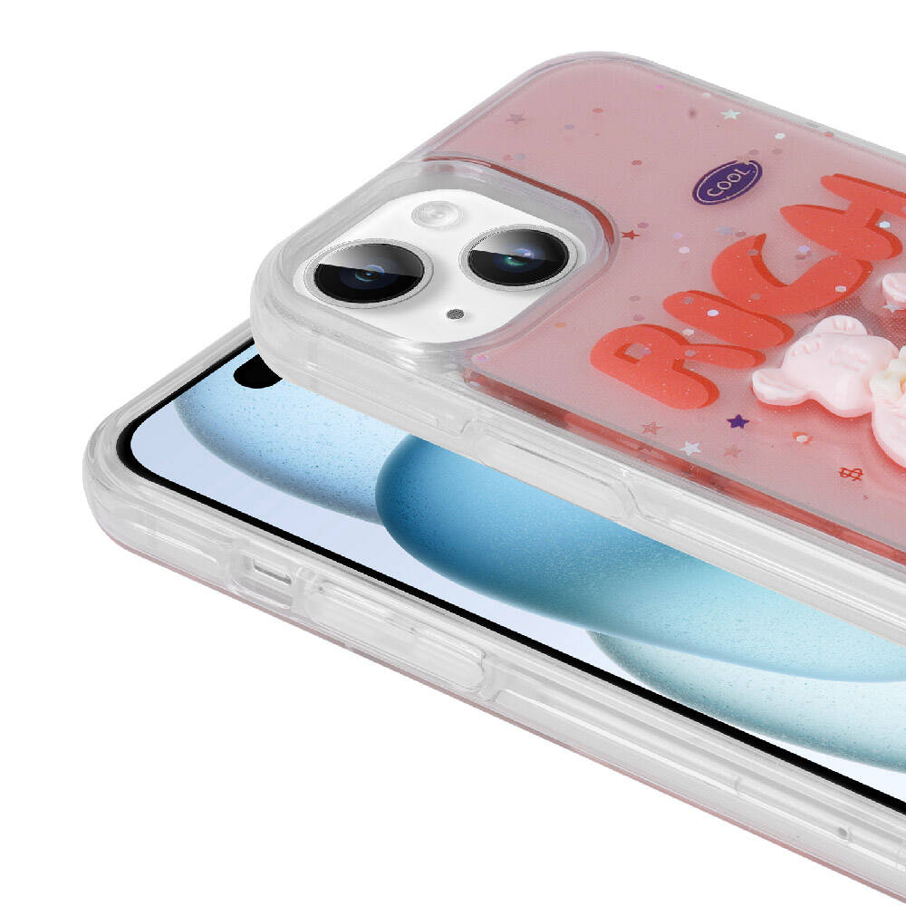 Telefon üzerinde 'RICH' yazısı ve ayıcık figürü olan pembe simli kılıf.