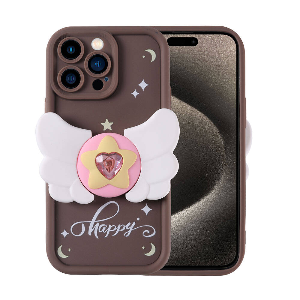 Beyaz kanatlı, yıldız ve kalp takısmalı, 'Happy' yazılı kahverengi telefon kılıfı.