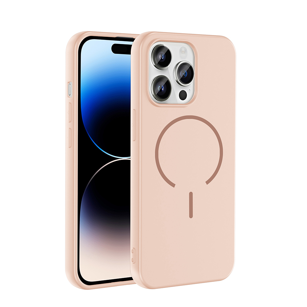 Mıknatıslı halka tasarımlı pembe telefon kılıfı akıllı telefonun yanında gösteriliyor.